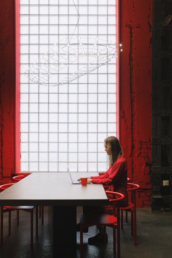 services-01 A woman works on a laptop at a red-themed, modern office desk.